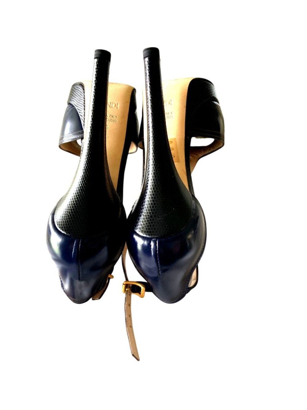 Fendi Navy & black Leather Perforated T-Strap Platform Heels Size 36 Made In Ita - Picture 8 of 11